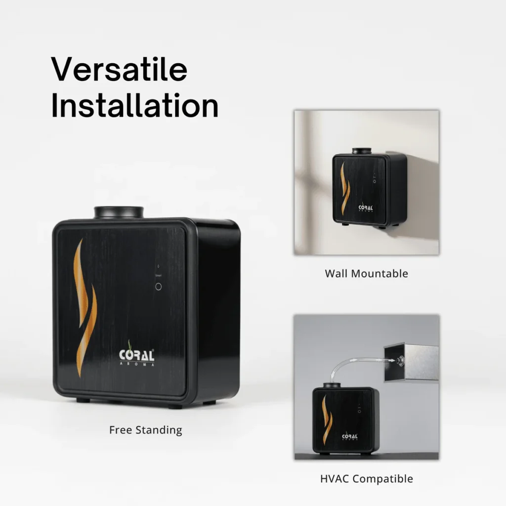 Showing the versatility in Installation of Scent Aura diffuser - HVAC Compatible, Wall Mountable and Stand Alone
